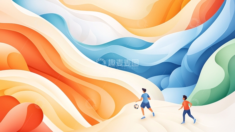 高清大图下载【趣麦麦图】色彩斑斓山间足球运动插画