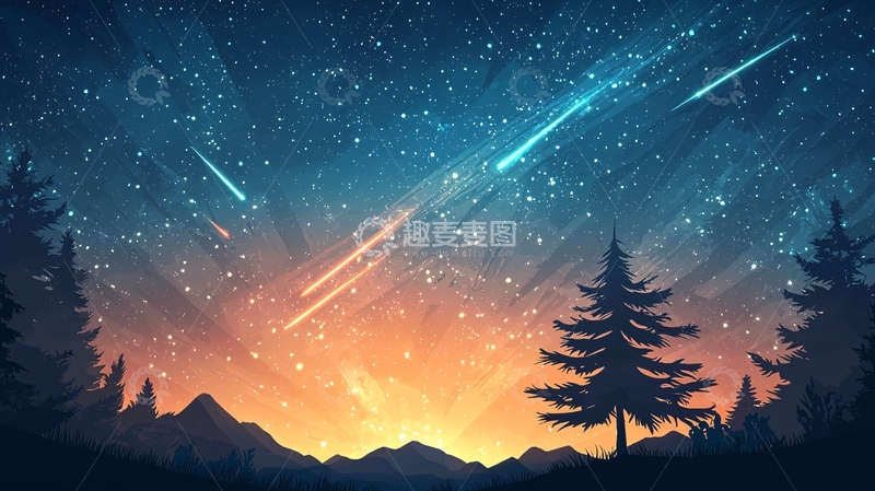 高清大图下载【趣麦麦图】流星雨下的森林夜景