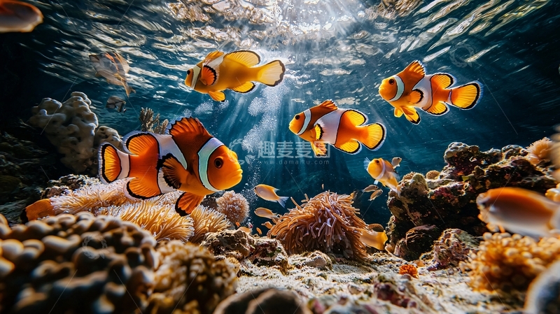 高清大图下载【趣麦麦图】海底珊瑚礁中的小丑鱼群
