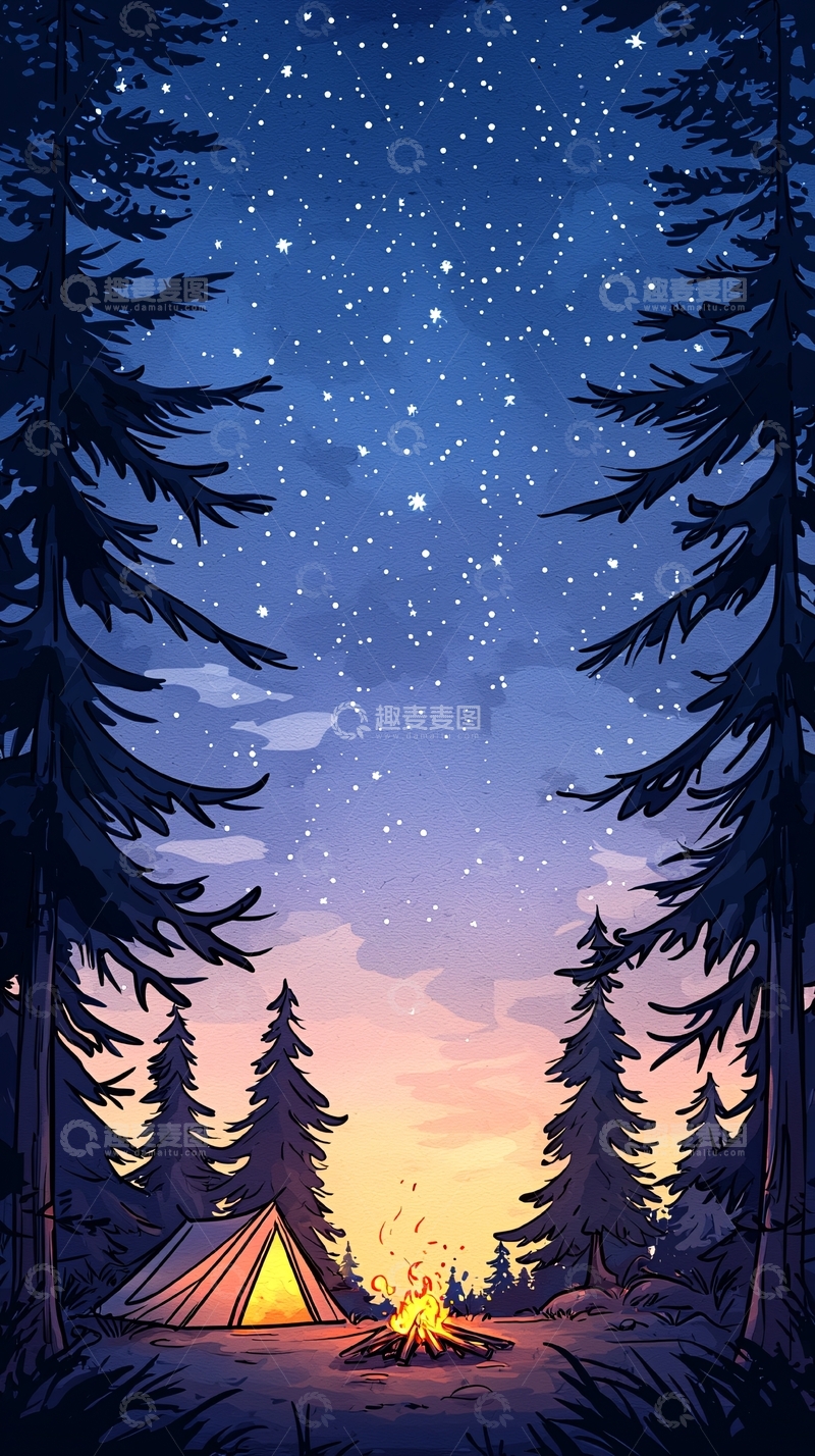 高清大图下载【趣麦麦图】夜晚森林露营篝火场景