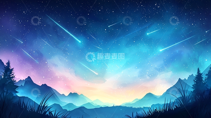 高清大图下载【趣麦麦图】流星雨下的山林夜景
