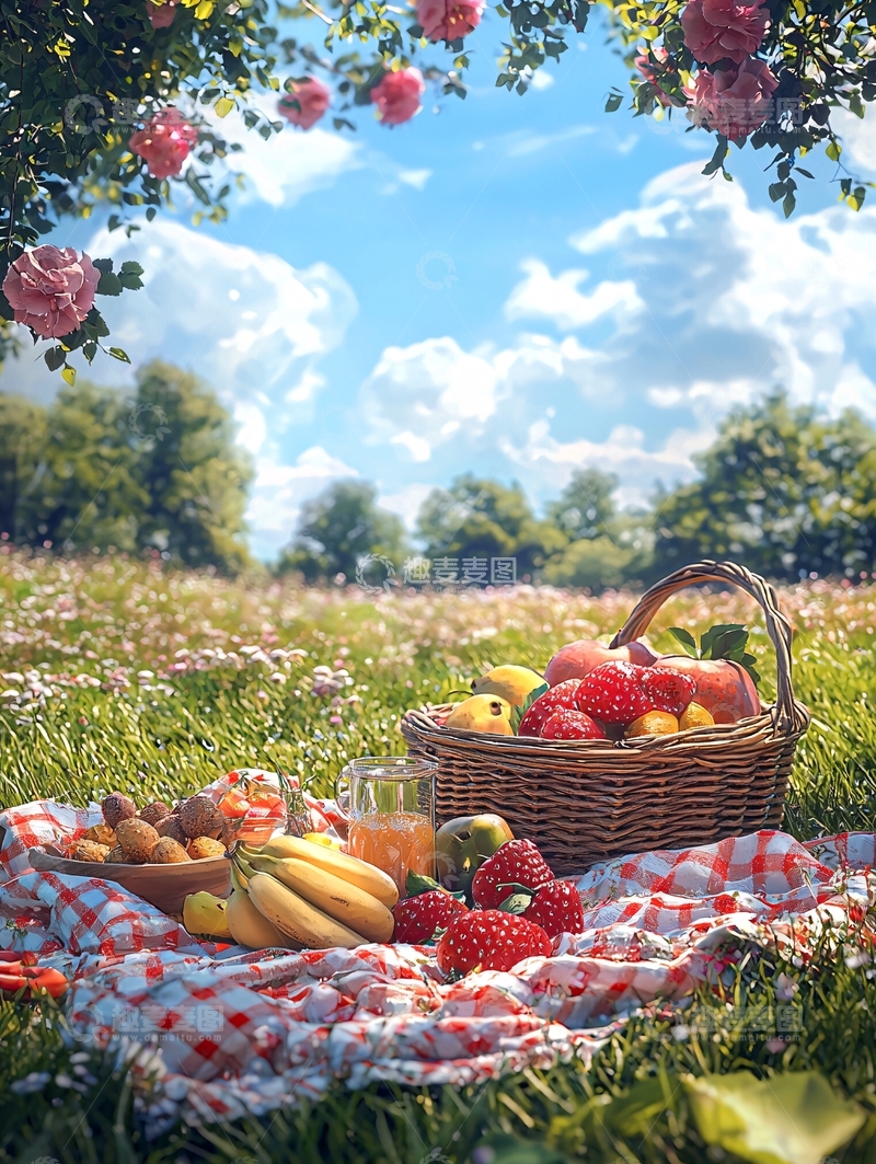 高清大图下载【趣麦麦图】夏日野餐篮子里的水果和食物