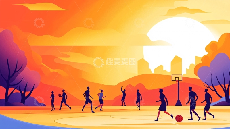 高清大图下载【趣麦麦图】夕阳下的街头篮球场