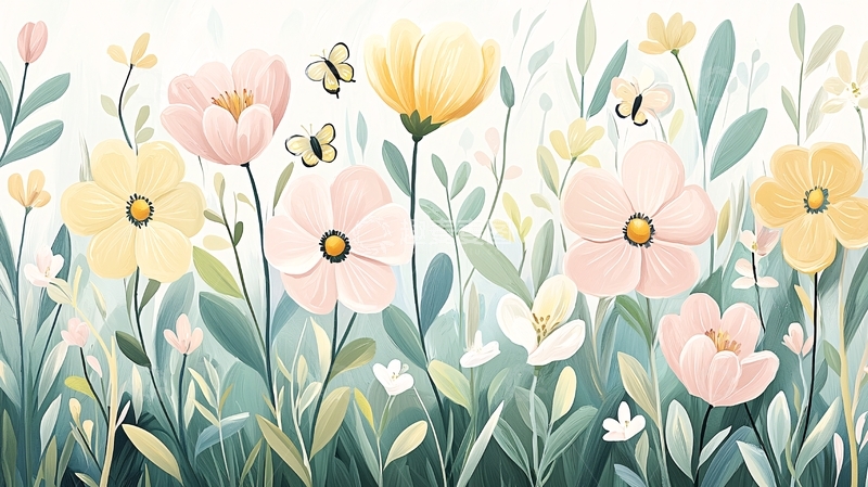 高清大图下载【趣麦麦图】春天花园蝴蝶花丛插画