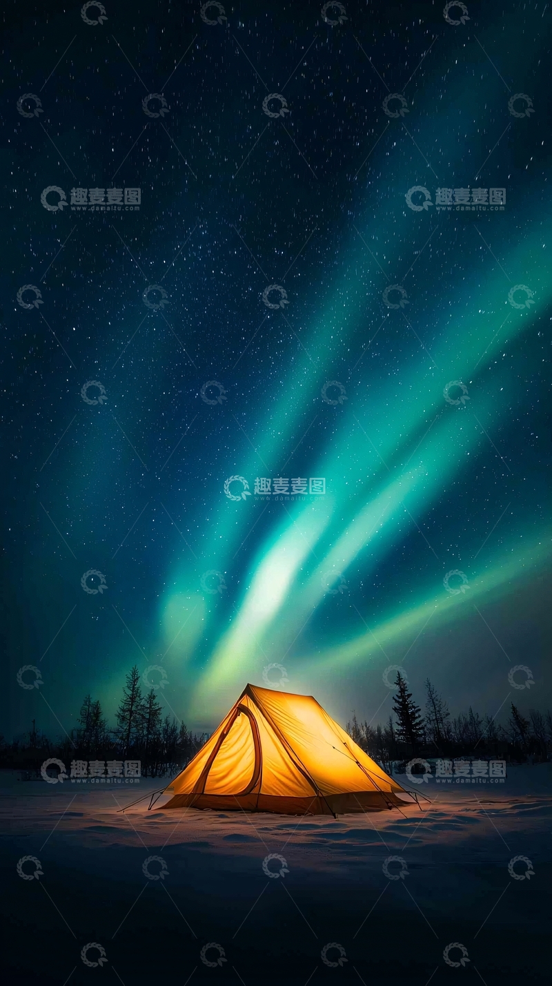 高清大图下载【趣麦麦图】极光下的帐篷露营夜景