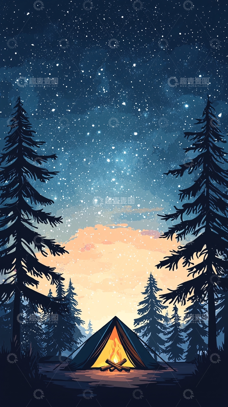 高清大图下载【趣麦麦图】冬夜露营帐篷篝火