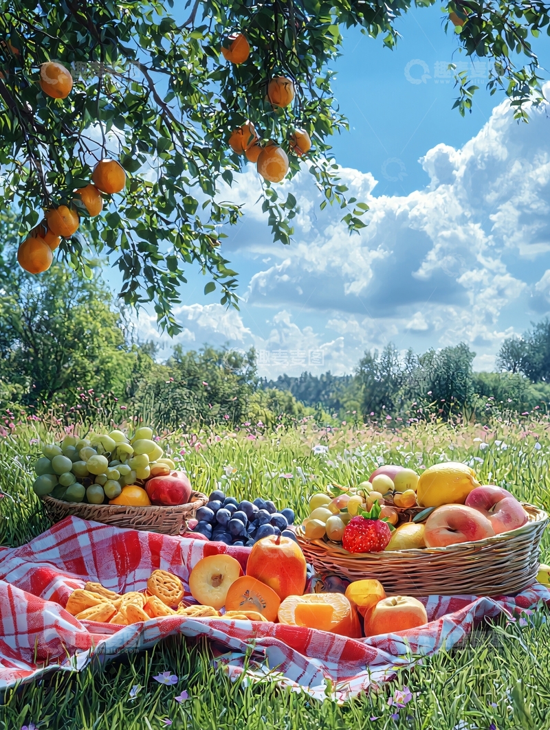 高清大图下载【趣麦麦图】夏日田园野餐水果篮