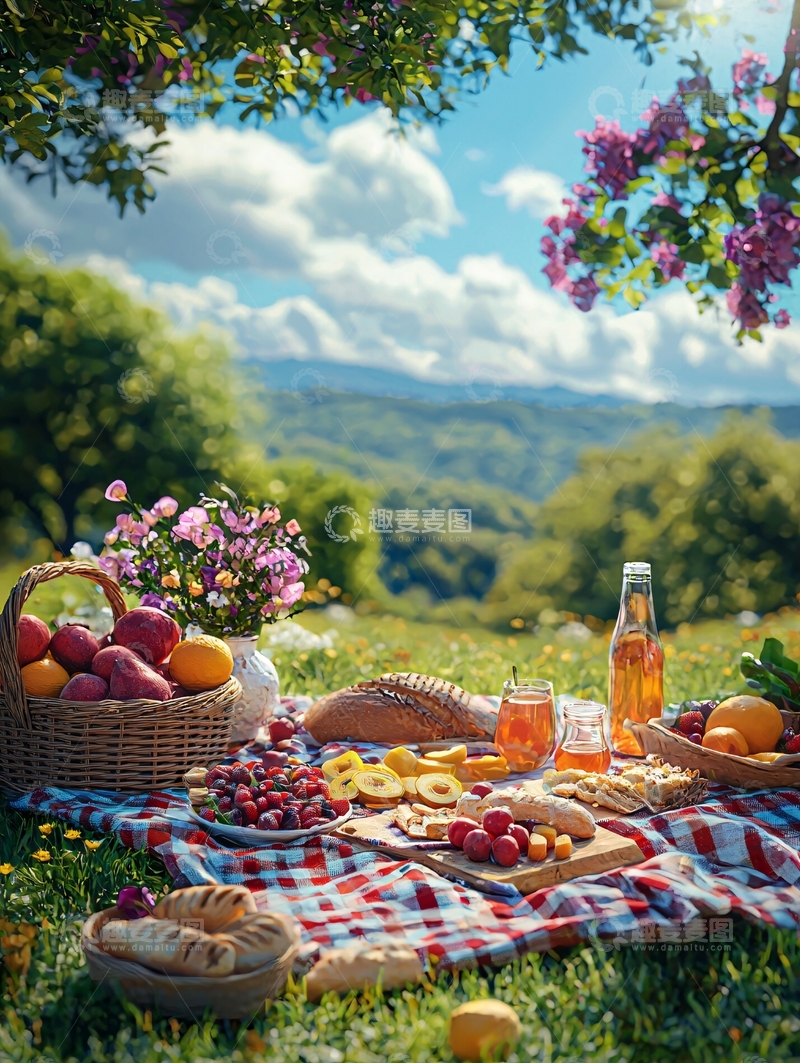 高清大图下载【趣麦麦图】夏日田园野餐篮水果野餐布