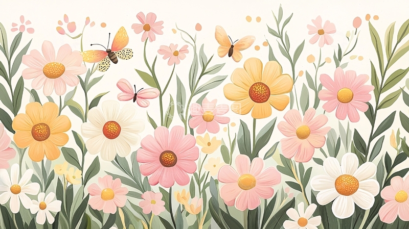 高清大图下载【趣麦麦图】夏日花海蝴蝶插画背景图