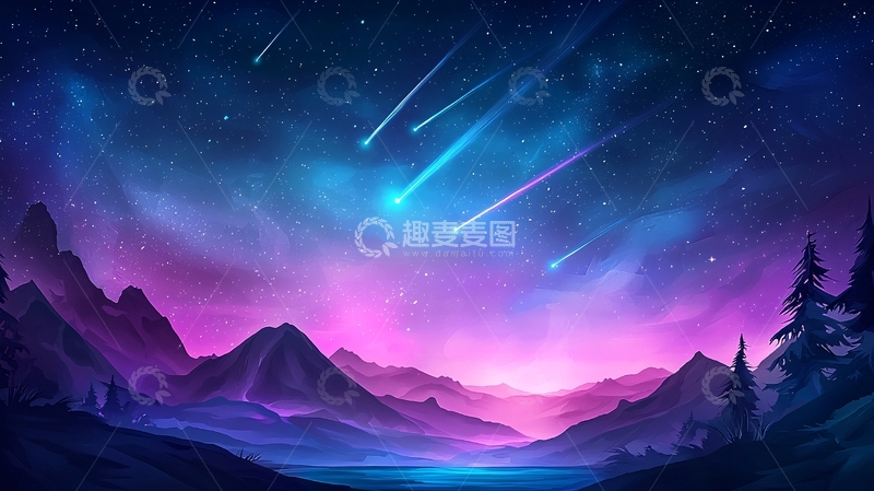 高清大图下载【趣麦麦图】流星雨下的山川夜景