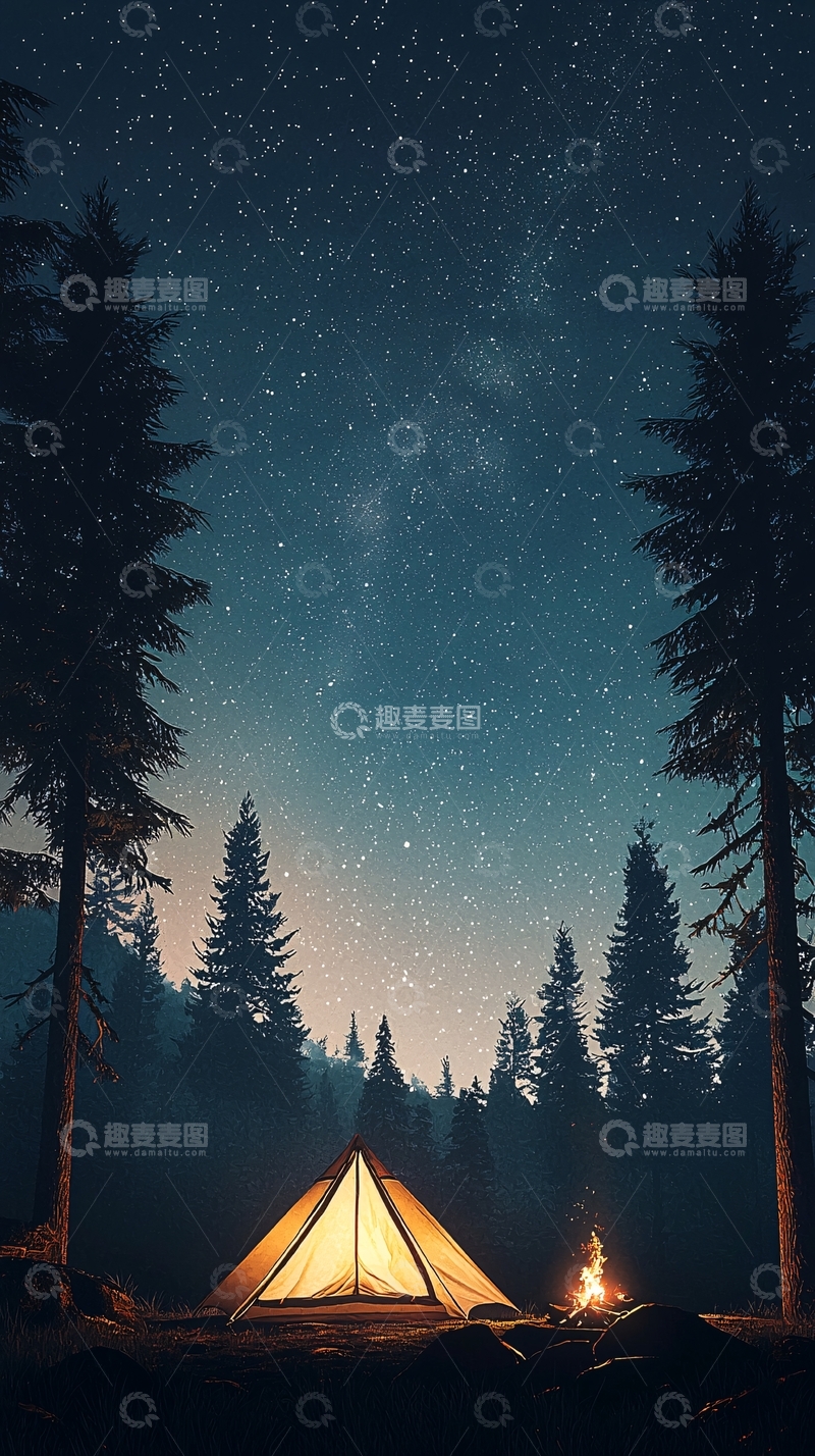 高清大图下载【趣麦麦图】夜晚露营帐篷篝火星空