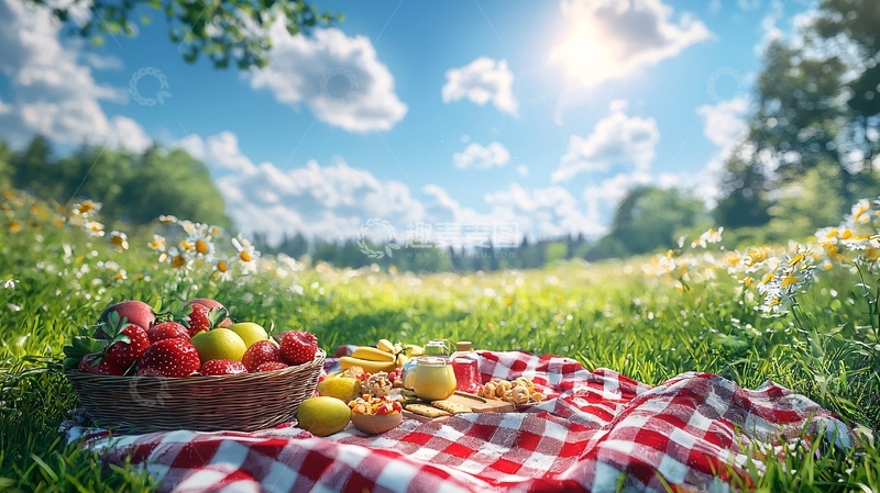 高清大图下载【趣麦麦图】夏日野餐篮子里的水果和零食