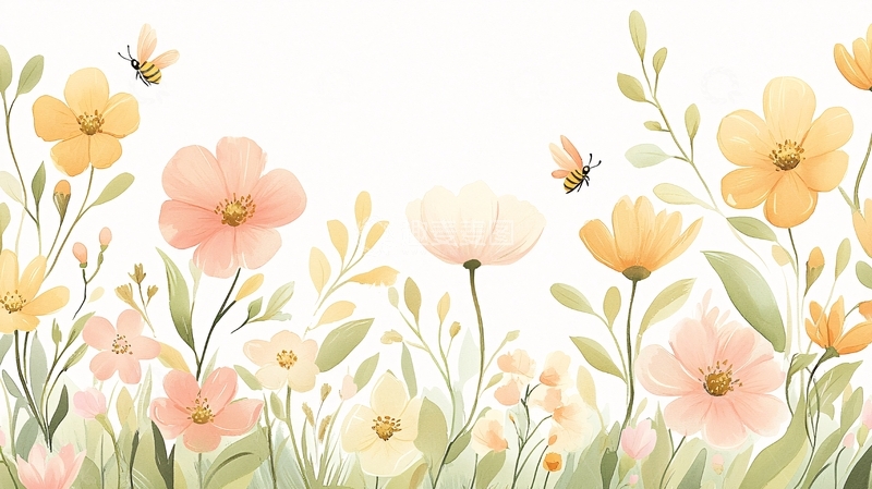 高清大图下载【趣麦麦图】春天花海蜜蜂飞舞插画
