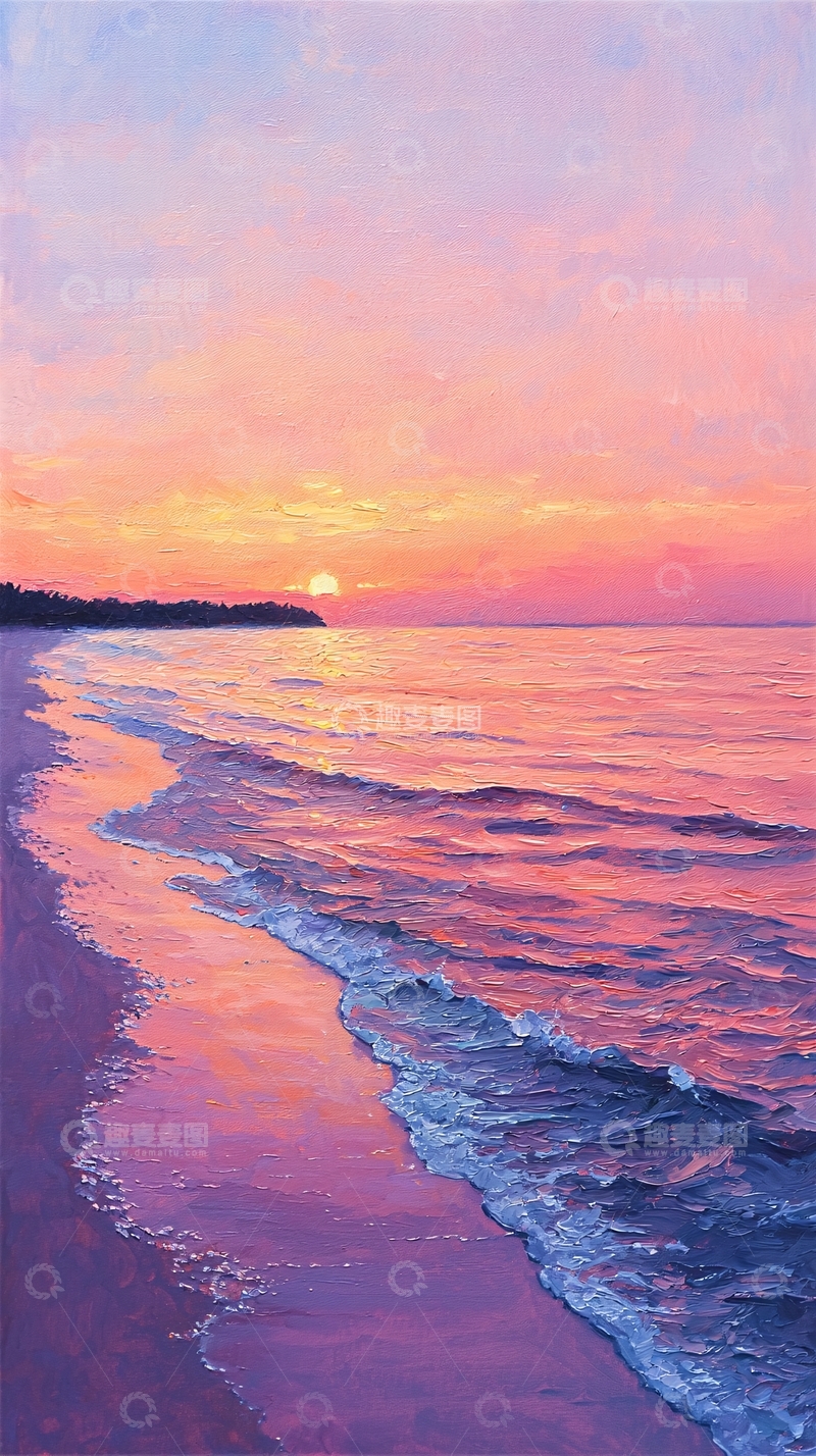 高清大图下载【趣麦麦图】日落海滩油画风景