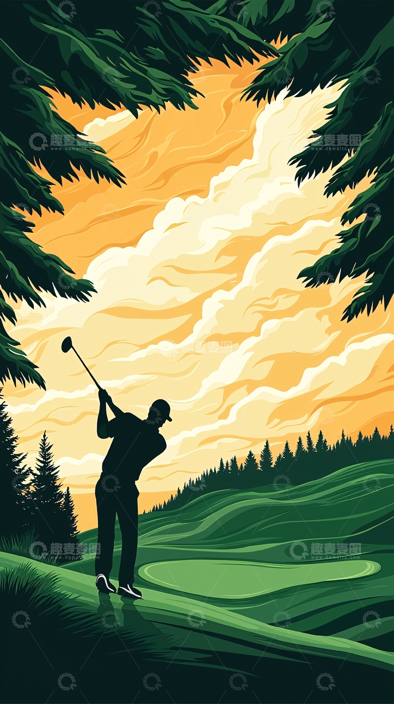 高清大图下载【趣麦麦图】高尔夫挥杆日落山林