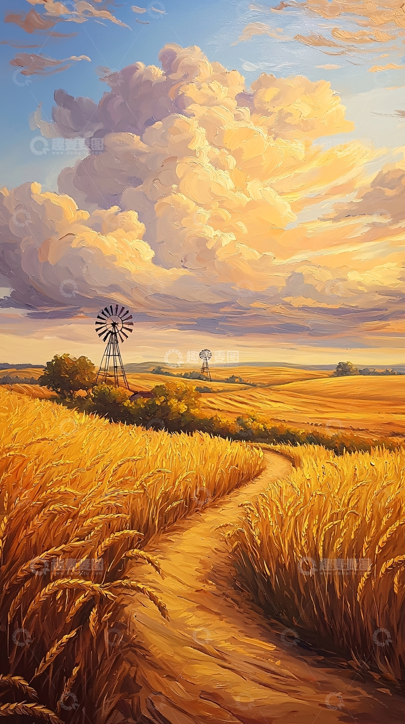 高清大图下载【趣麦麦图】金色麦田与风车的田园风光