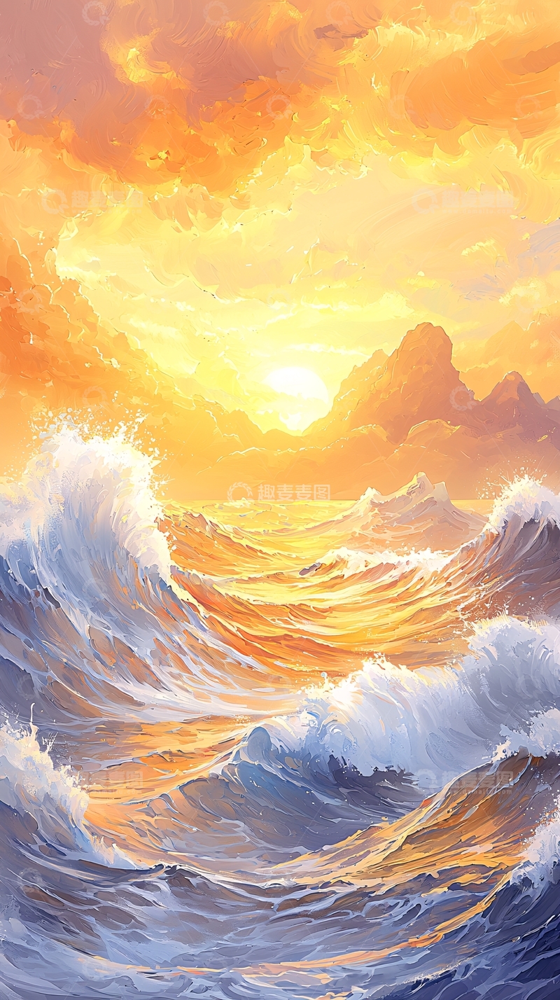 高清大图下载【趣麦麦图】日落海浪风景画
