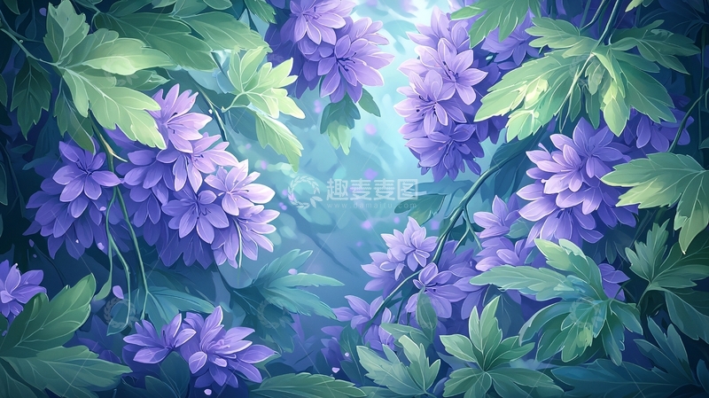 高清大图下载【趣麦麦图】紫色花朵与绿叶交织的梦幻场景