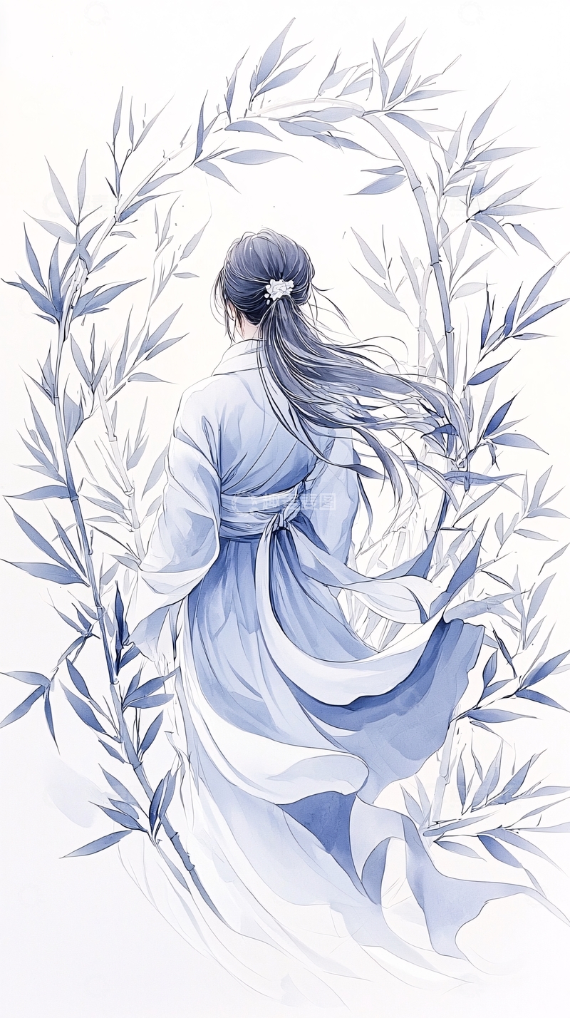 高清大图下载【趣麦麦图】竹林中的古典女子