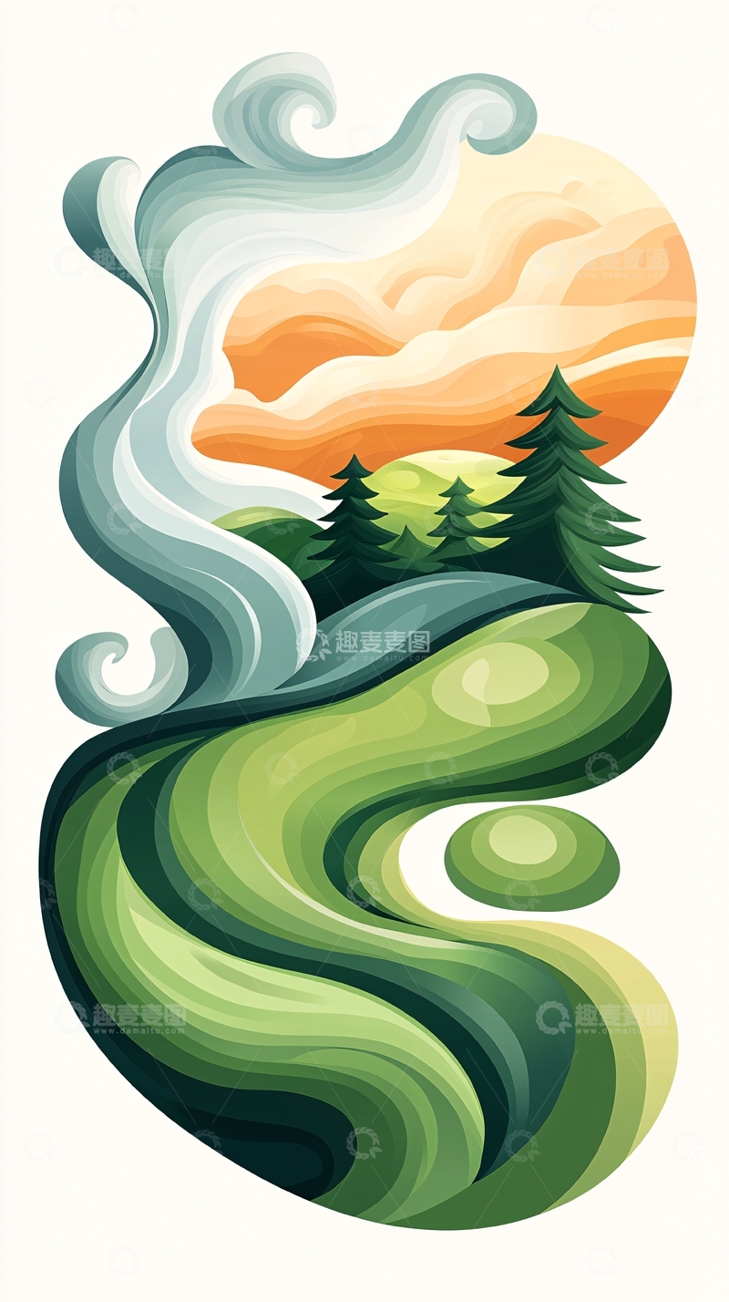 高清大图下载【趣麦麦图】蜿蜒山脉与云彩的抽象艺术插画