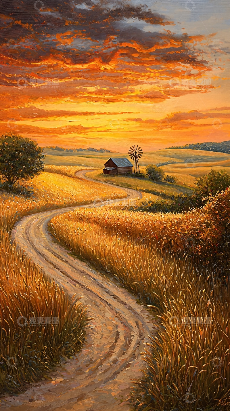高清大图下载【趣麦麦图】秋日黄昏小路与风车