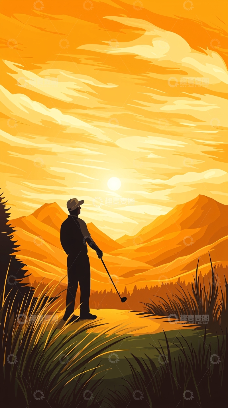 高清大图下载【趣麦麦图】夕阳下的高尔夫挥杆者