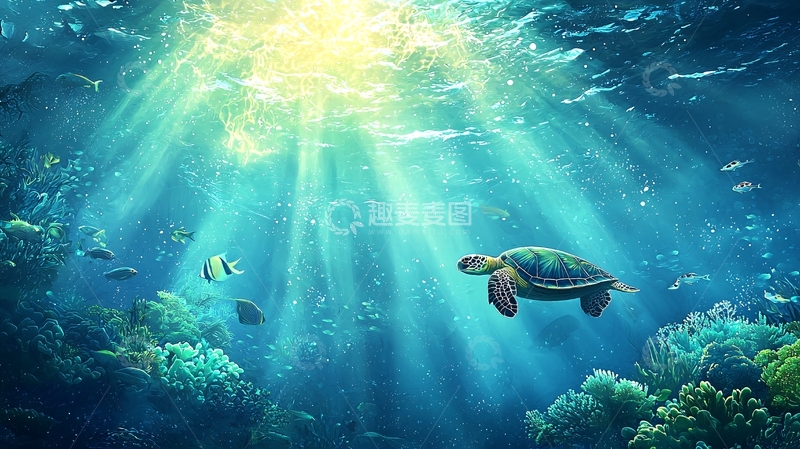高清大图下载【趣麦麦图】海底世界：阳光下的海龟与珊瑚礁