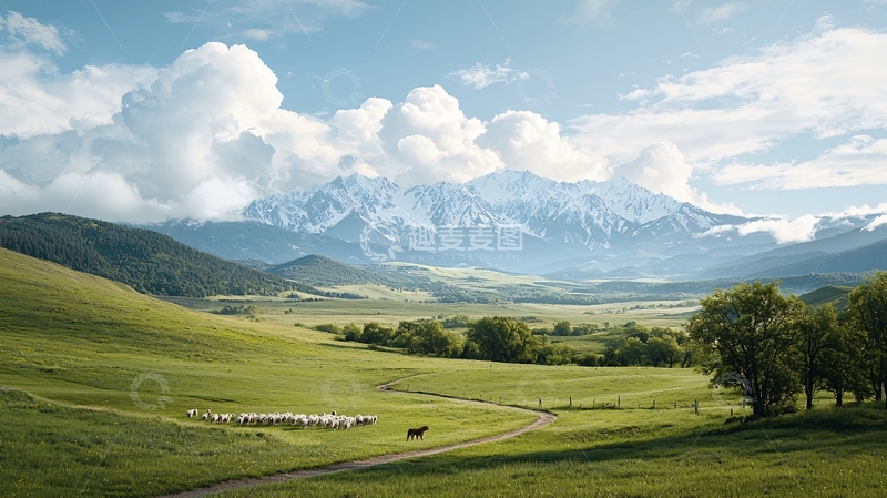 高清大图下载【趣麦麦图】雪山下的绿色牧场