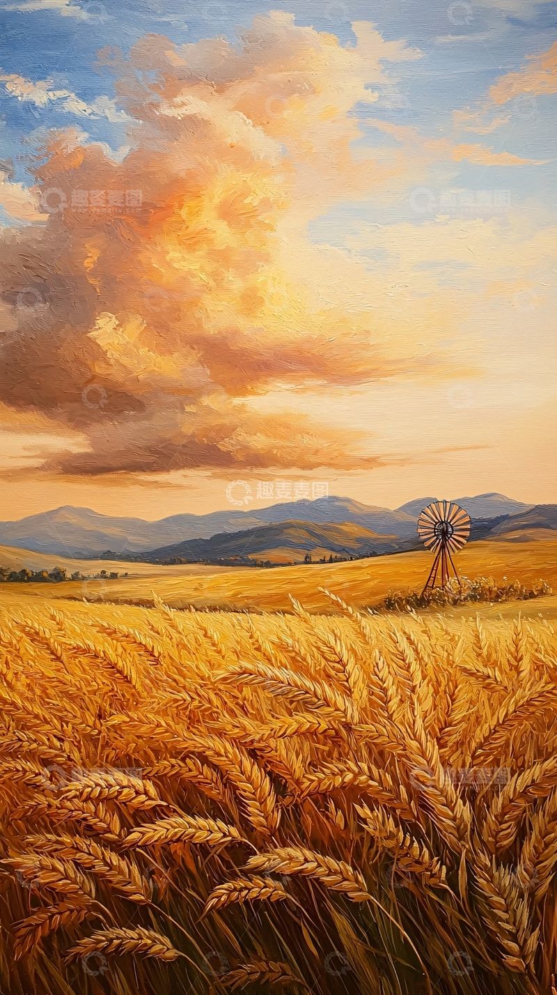 高清大图下载【趣麦麦图】金色麦田与风车的田园风光