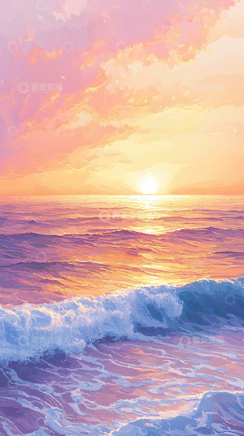高清大图下载【趣麦麦图】日落海景油画风格壁纸
