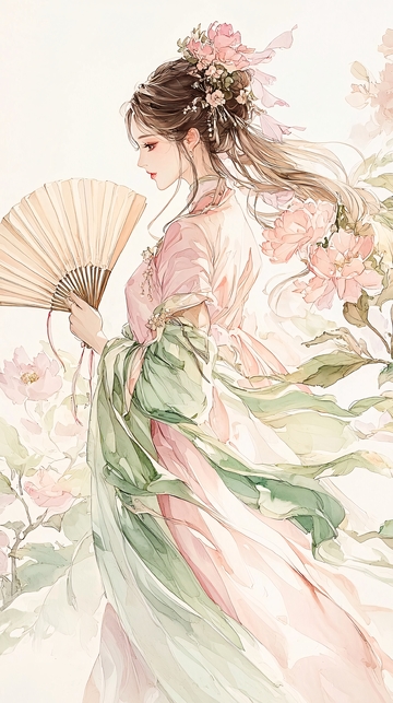 古典美人扇中花影飘逸