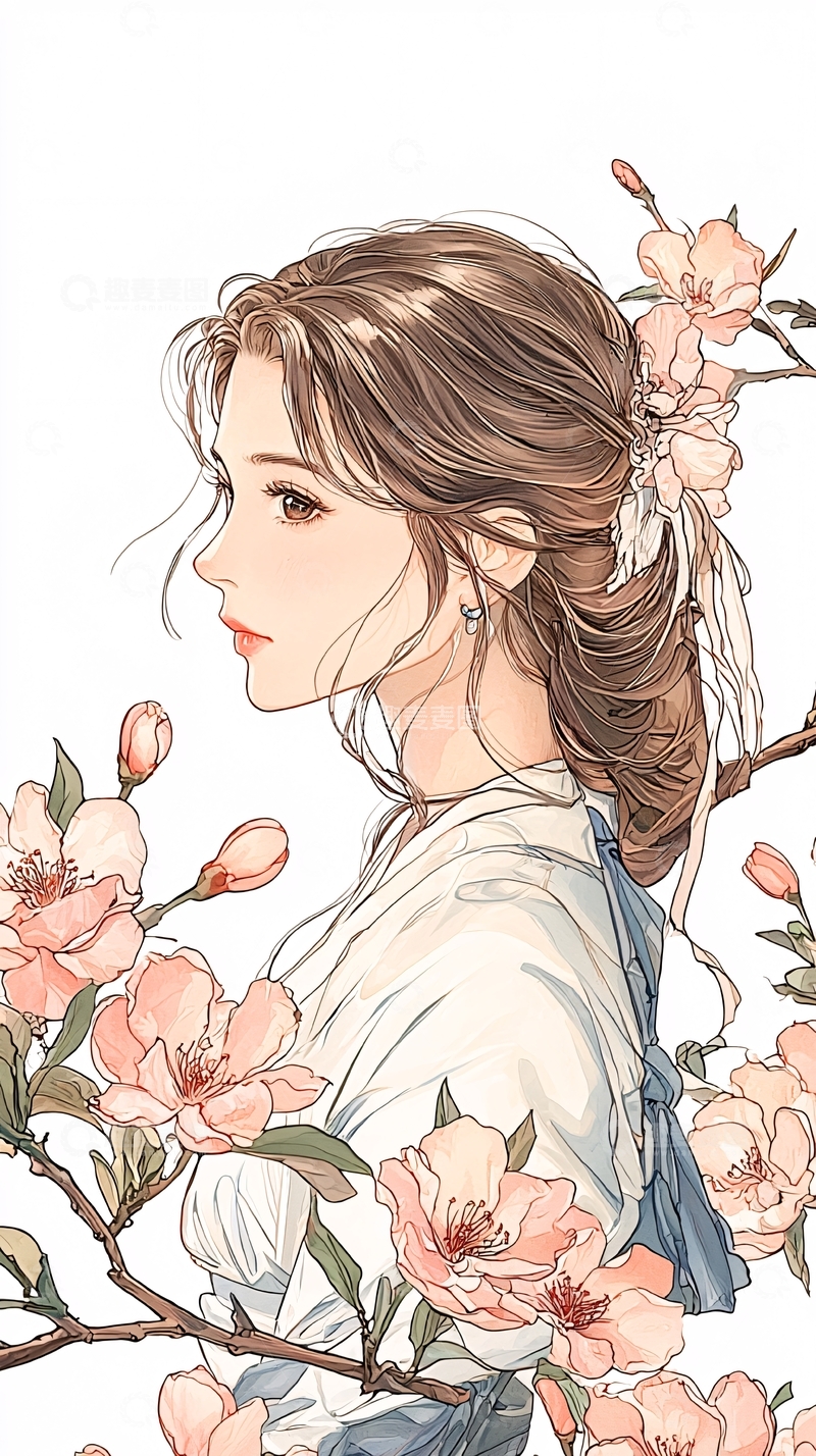 高清大图下载【趣麦麦图】春日花间女子插画