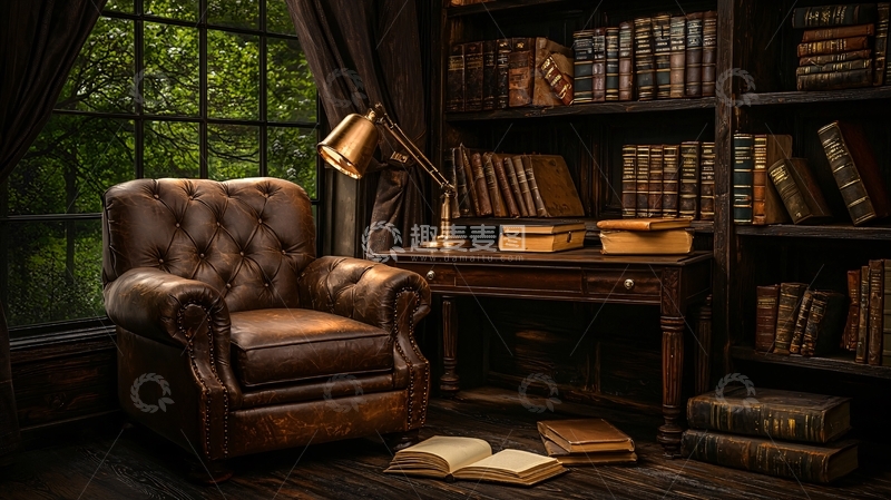 高清大图下载【趣麦麦图】复古书房与皮革椅