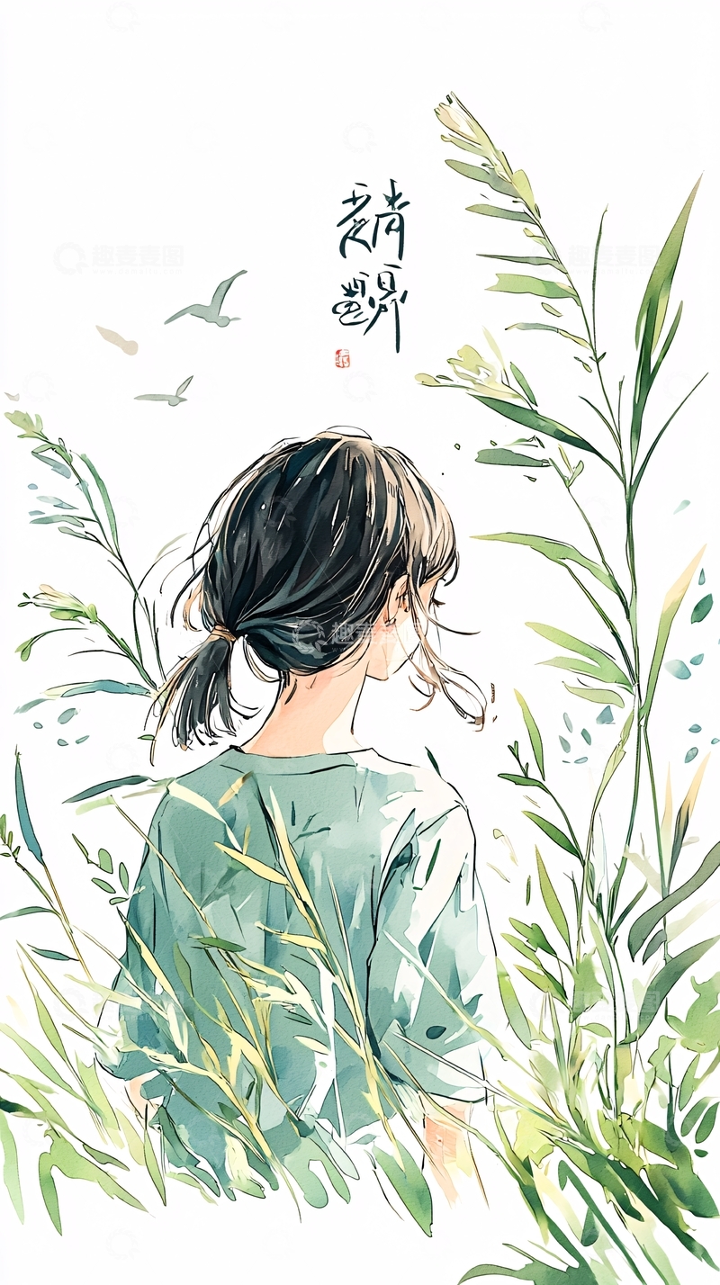 高清大图下载【趣麦麦图】绿意盎然的少女背影