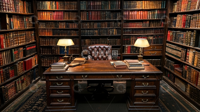 高清大图下载【趣麦麦图】古典书房书架与桌子
