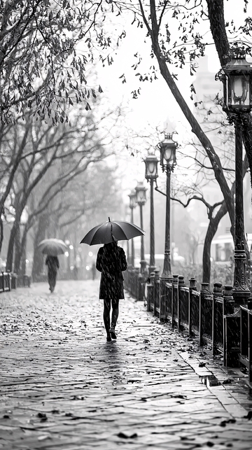 雨中漫步的孤独身影