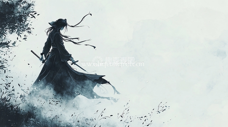 高清大图下载【趣麦麦图】武士行走在雾中的剪影