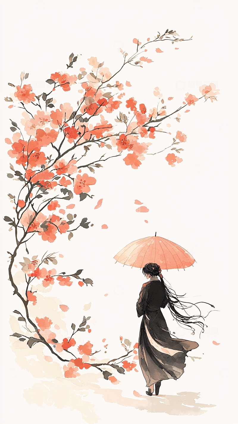 高清大图下载【趣麦麦图】樱花树下撑伞的女子