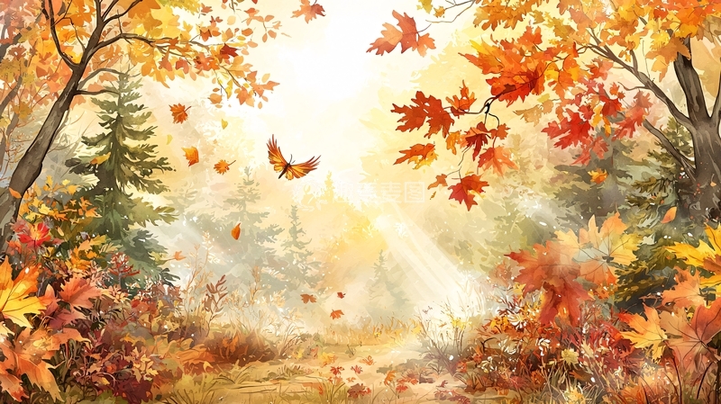 高清大图下载【趣麦麦图】秋日森林落叶飞翔