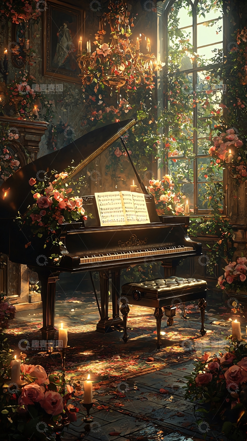 高清大图下载【趣麦麦图】古典钢琴与玫瑰花园