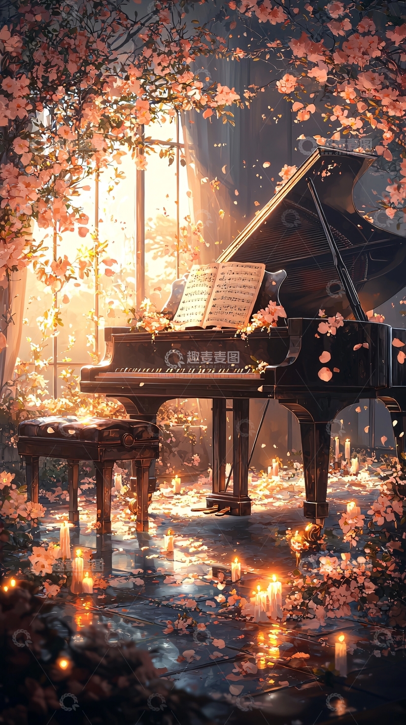 高清大图下载【趣麦麦图】樱花下的钢琴与烛光
