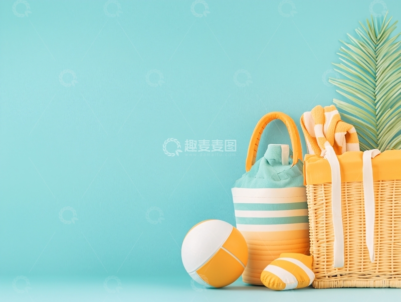 高清大图下载【趣麦麦图】-海滩度假用品篮子与沙滩球