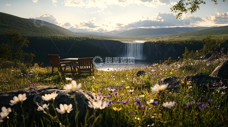 高清大图下载【趣麦麦图】瀑布边的野餐餐桌