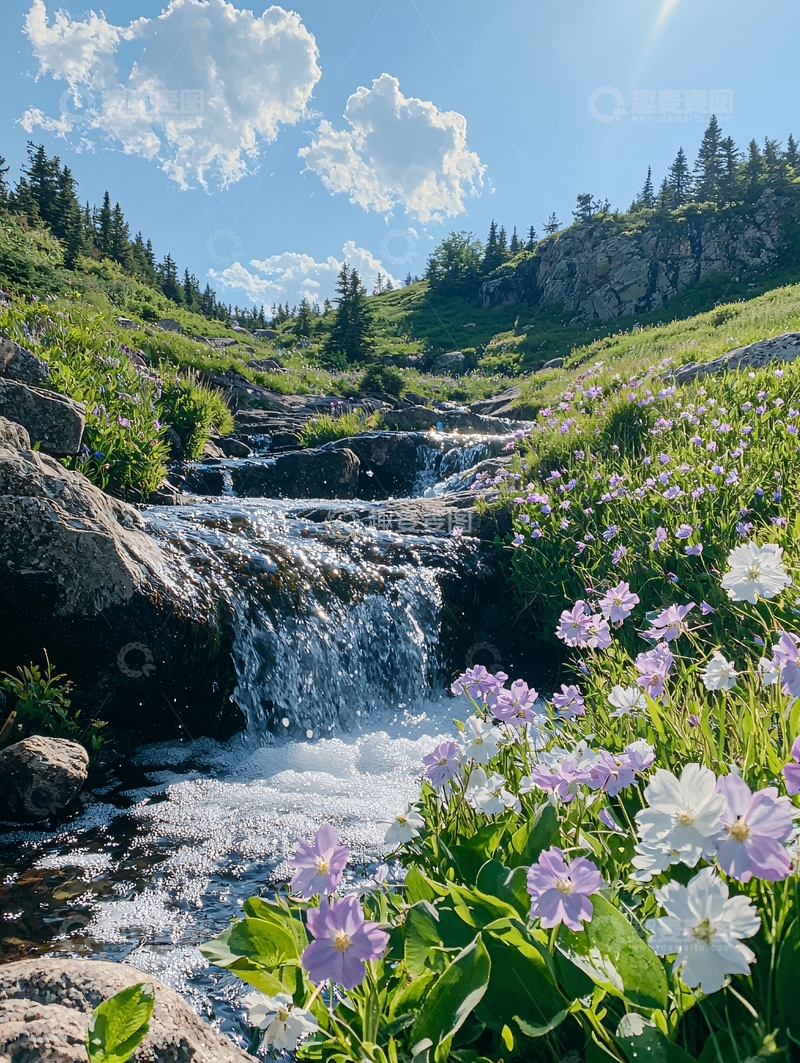 高清大图下载【趣麦麦图】山间小溪瀑布与野花