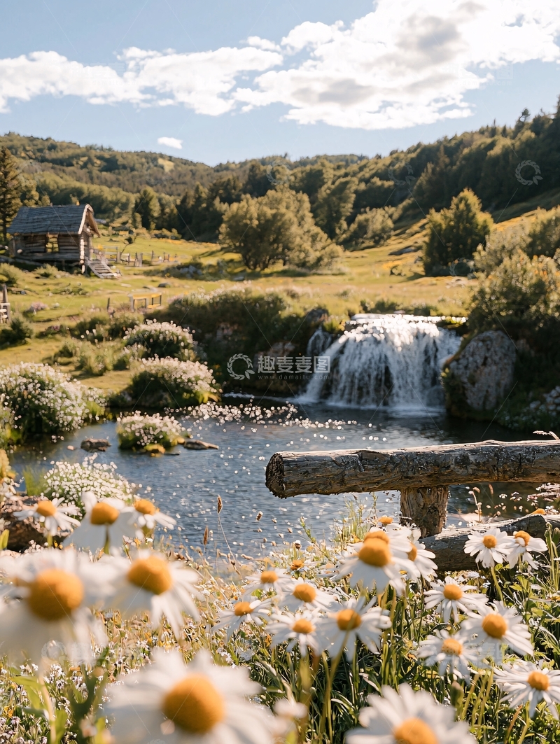 高清大图下载【趣麦麦图】山间瀑布与雏菊的自然美景