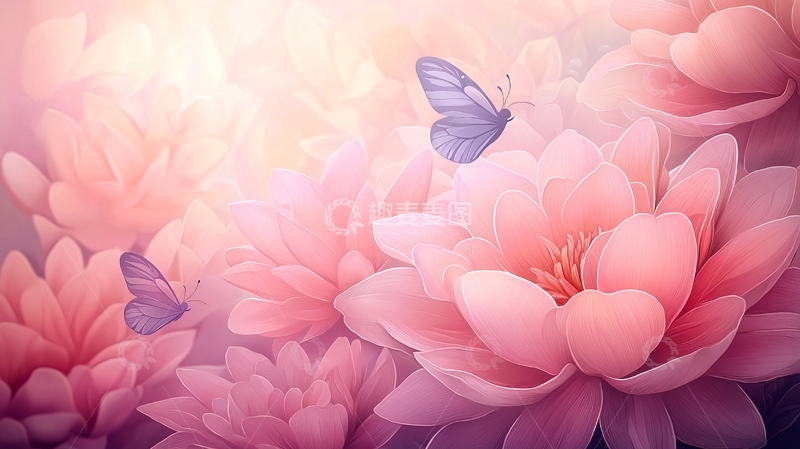 高清大图下载【趣麦麦图】粉色花朵与蝴蝶的梦幻场景