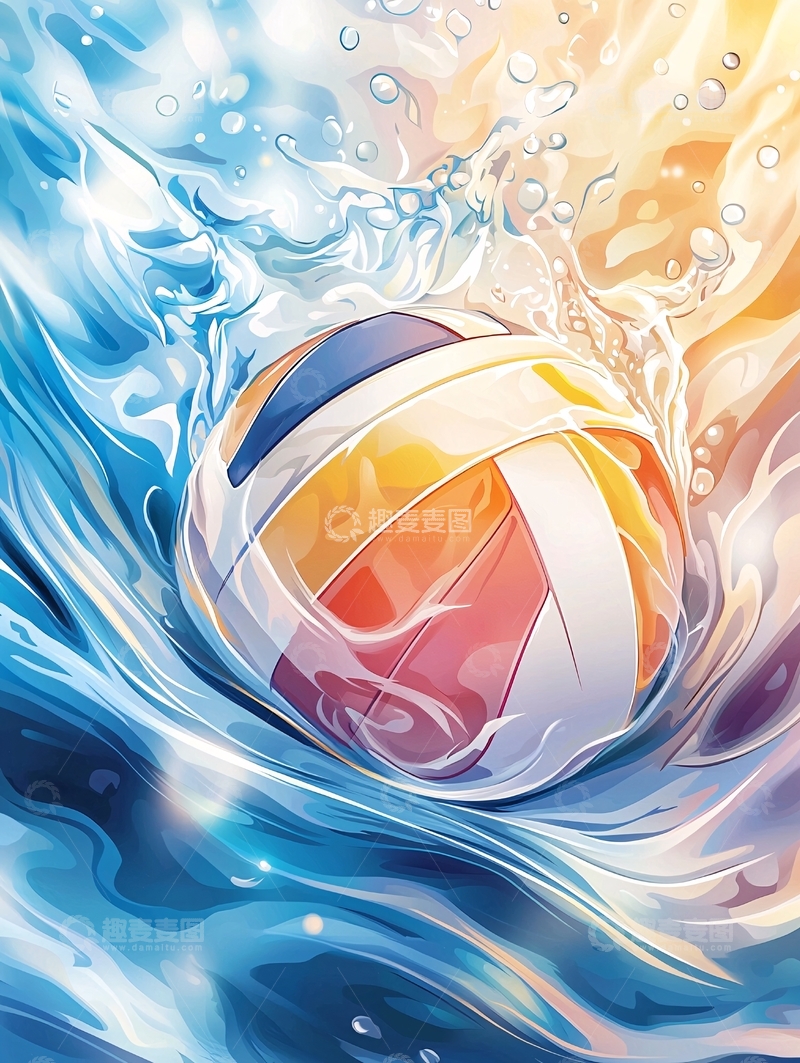 高清大图下载【趣麦麦图】水中的排球动态插画