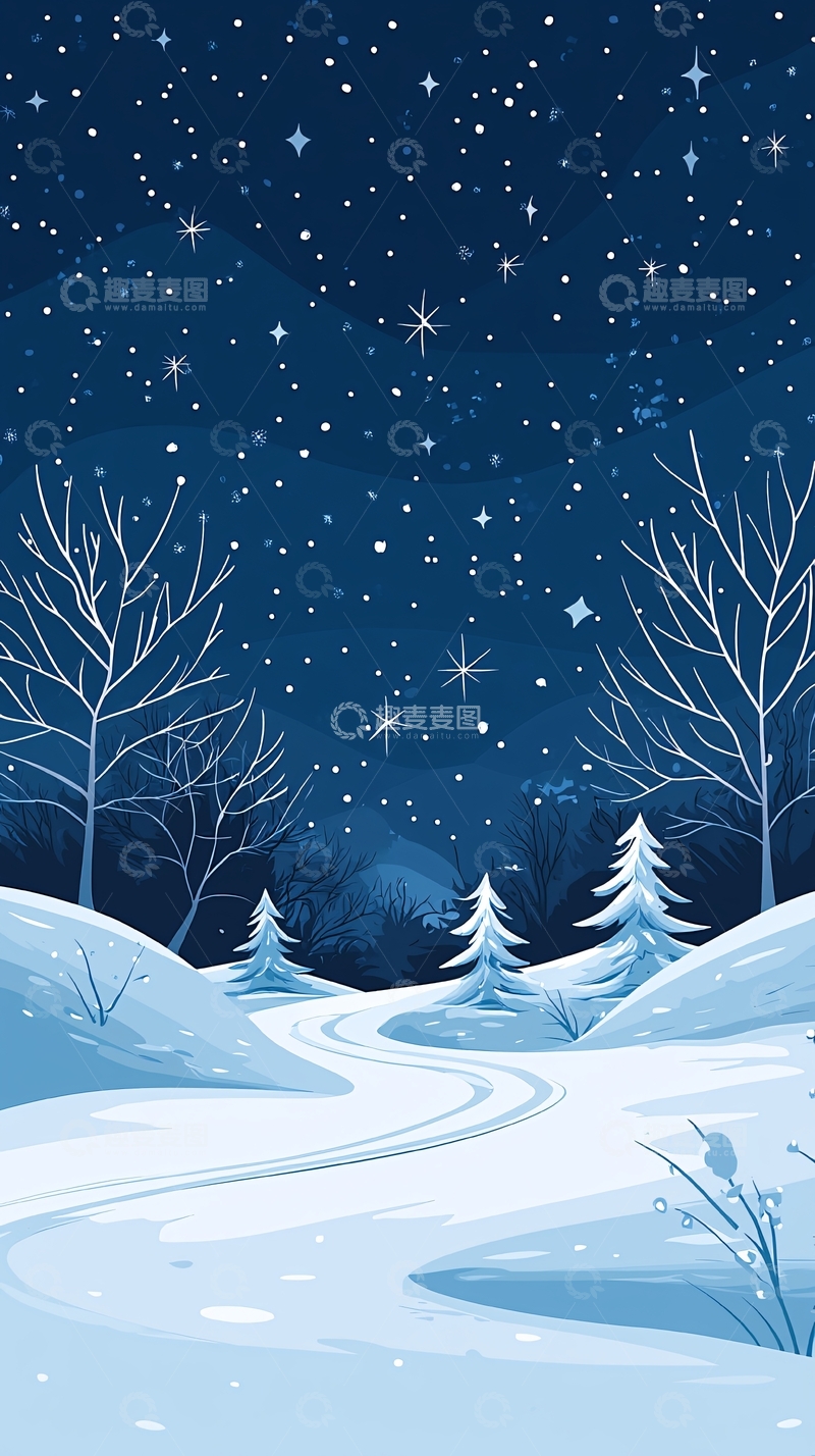 高清大图下载【趣麦麦图】冬夜雪景小径