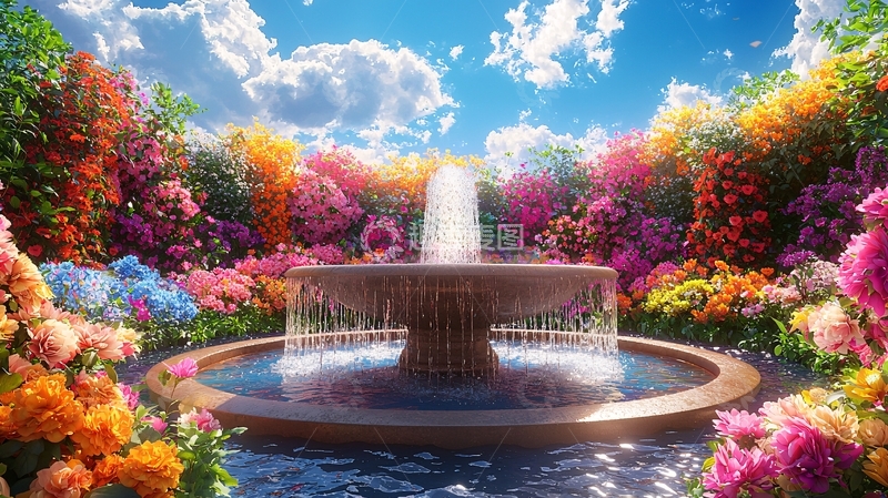 高清大图下载【趣麦麦图】喷泉花园盛开鲜花