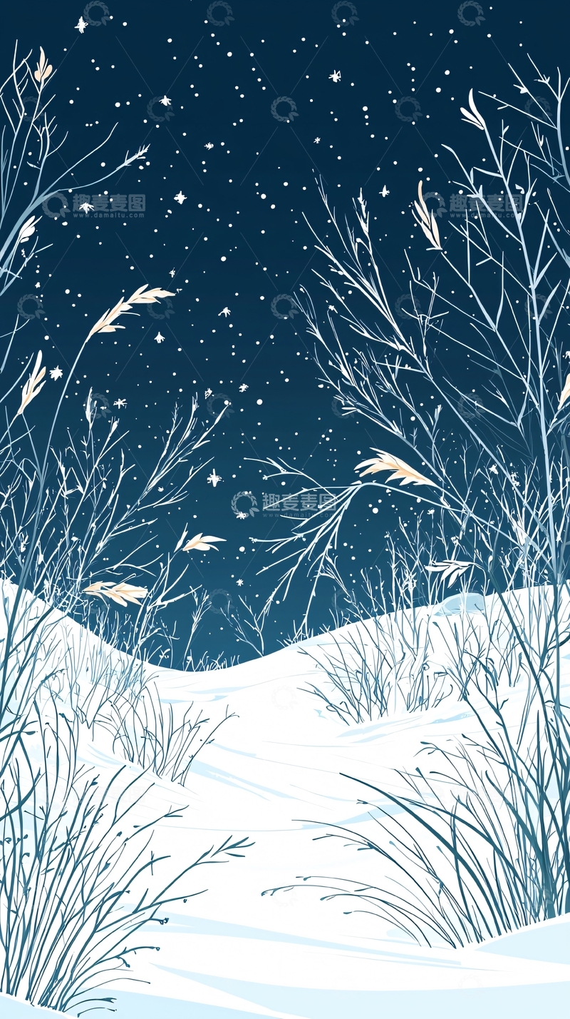 高清大图下载【趣麦麦图】冬夜雪景插画背景